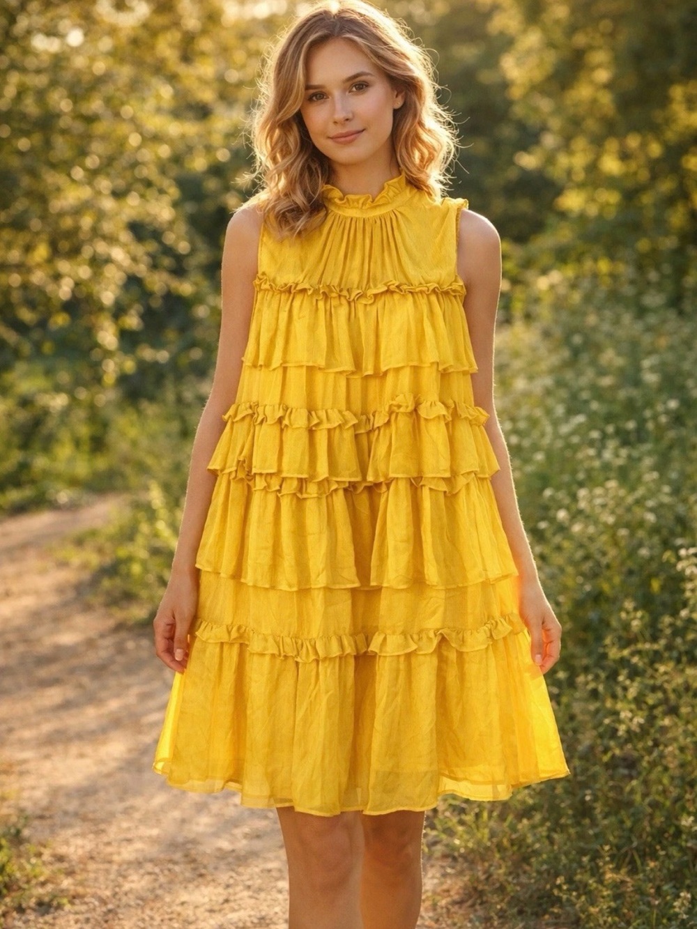 Adam Lippes Collective Yellow Ruffle Layered Mock Neck Chiffon Short Dress 8